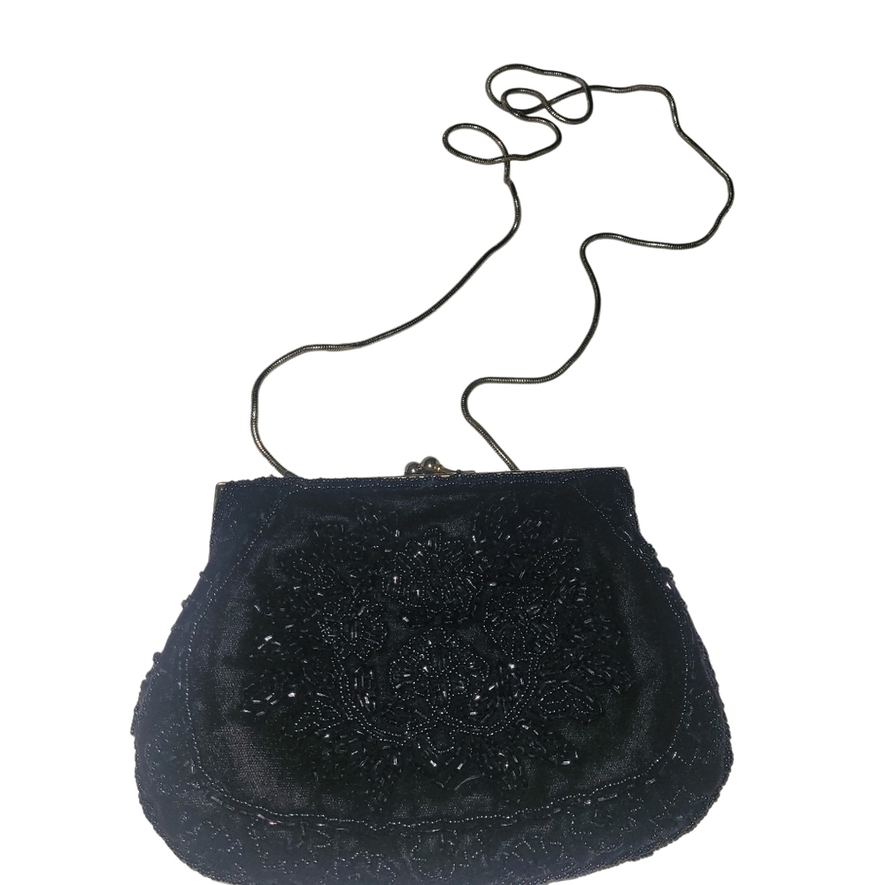Goldco Vintage Black Beaded Clutch with Chain Strap